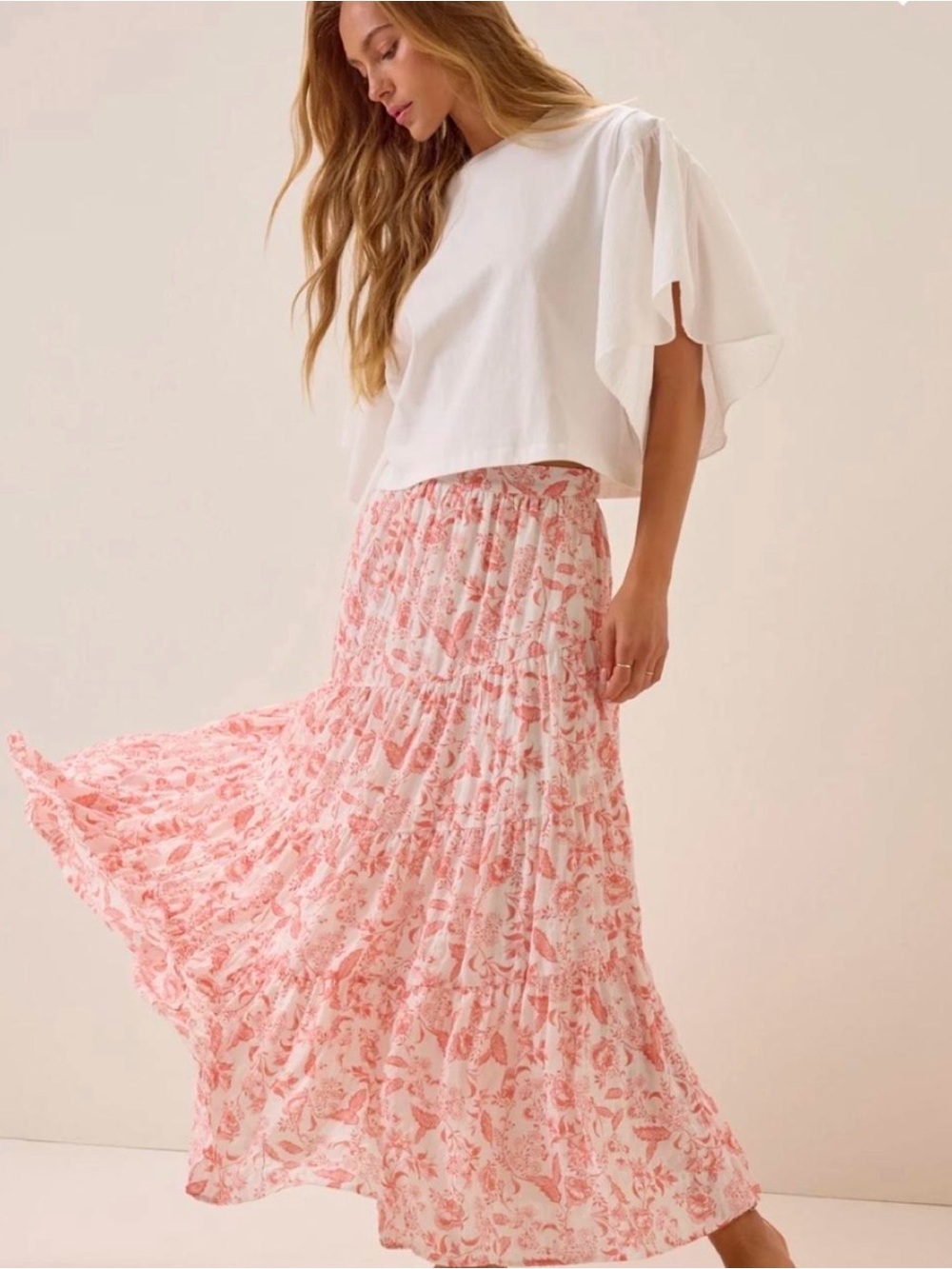 Altar’d State Women’s Maxi Skirt Medium Peach Coral Floral Tiered Boho Lined